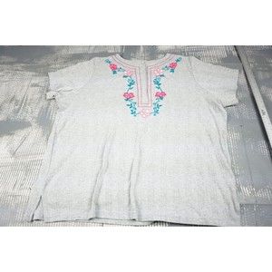 Women Within Blouse womens 1x gray short sleeve embroidered cotton stretch boho